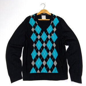 Mens Express Vintage Y2K Argyle Sweater Size L V Neck 2000s Preppy Black Teal